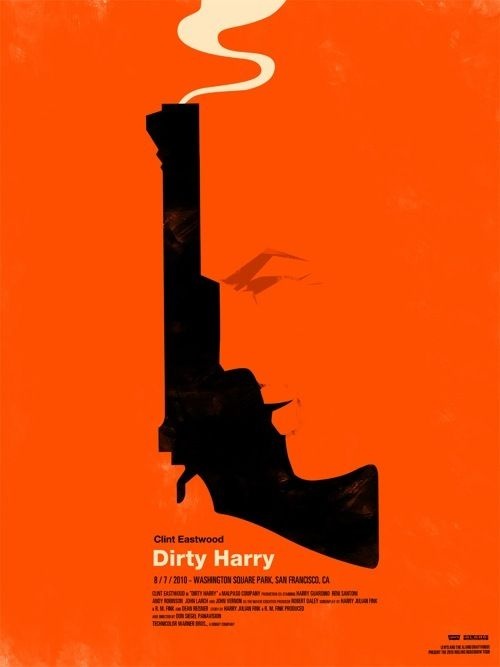 Movie Poster from Dirty Harry. Black gun on orange background. The gun blends in to the background that forms a face from the contours of the gun, or is it the the face that forms the contours of the gun... 